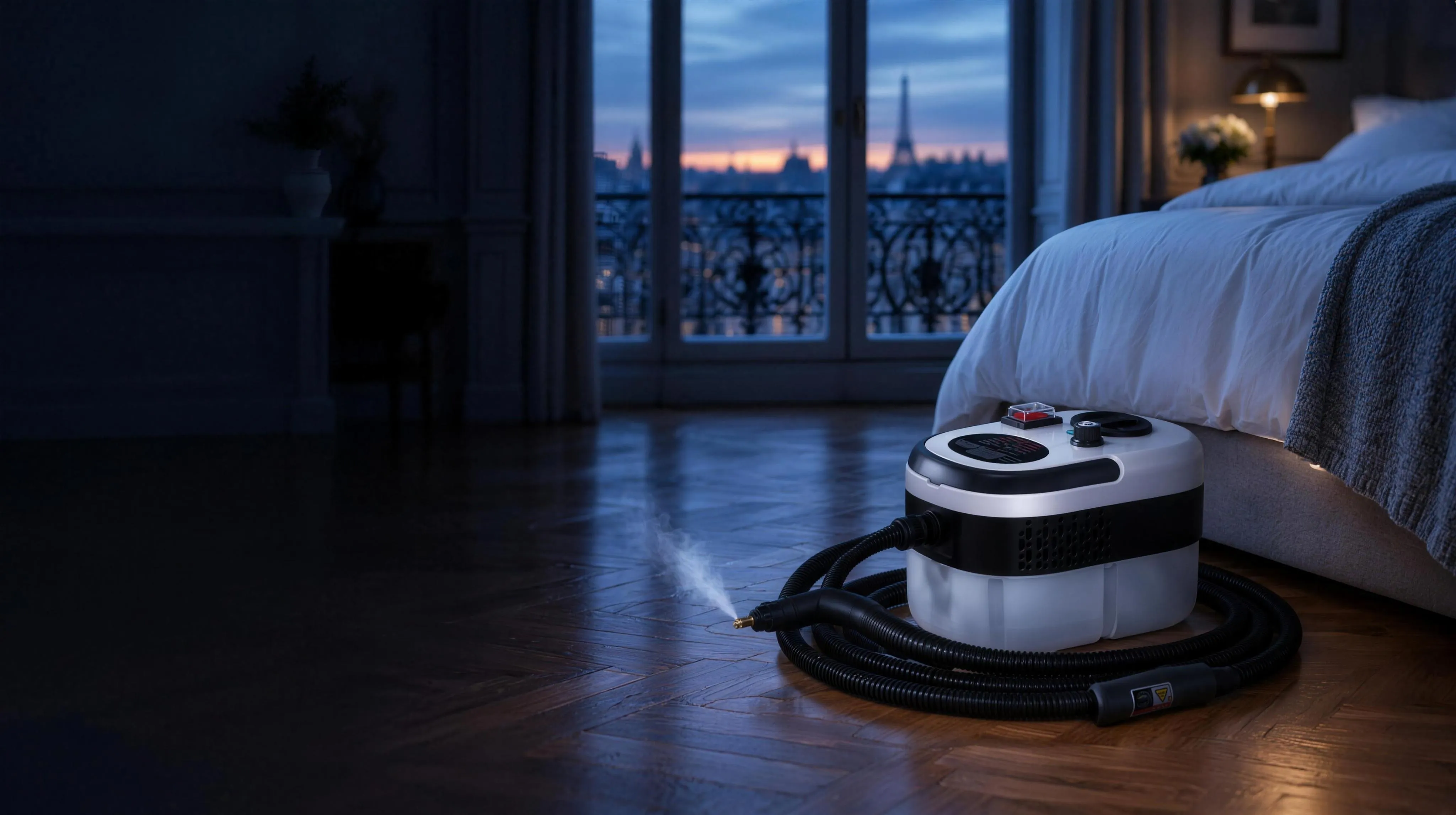 Le nettoyeur vapeur au pied du lit, dans une chambre à l’aube