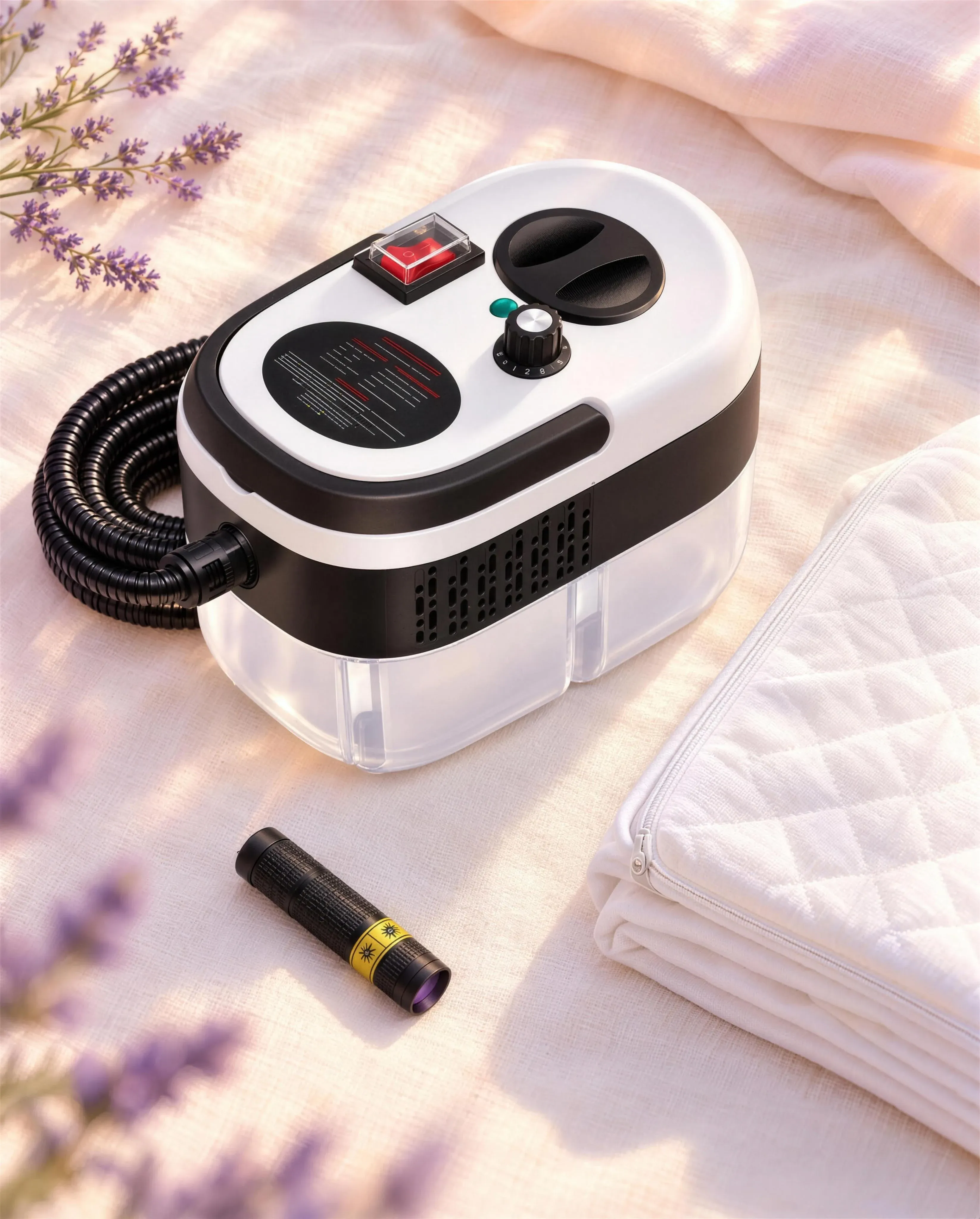 Le nettoyeur vapeur Anuisible, la housse de matelas et la lampe UV offerte, posés sur un drap en lin