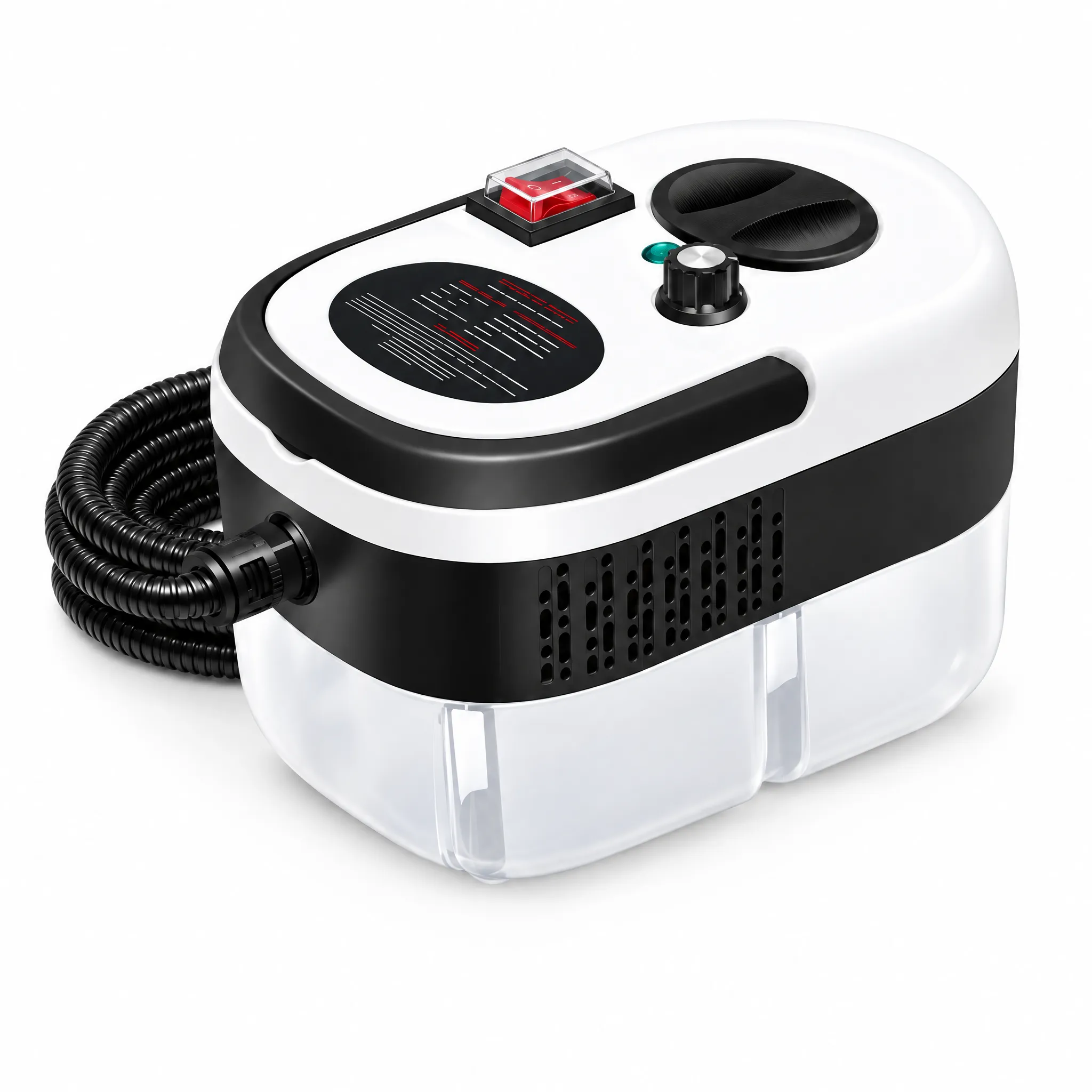 Le nettoyeur vapeur haute pression : réservoir translucide de 1,2 L, interrupteur sous capot, molette de réglage et tuyau de 2 m