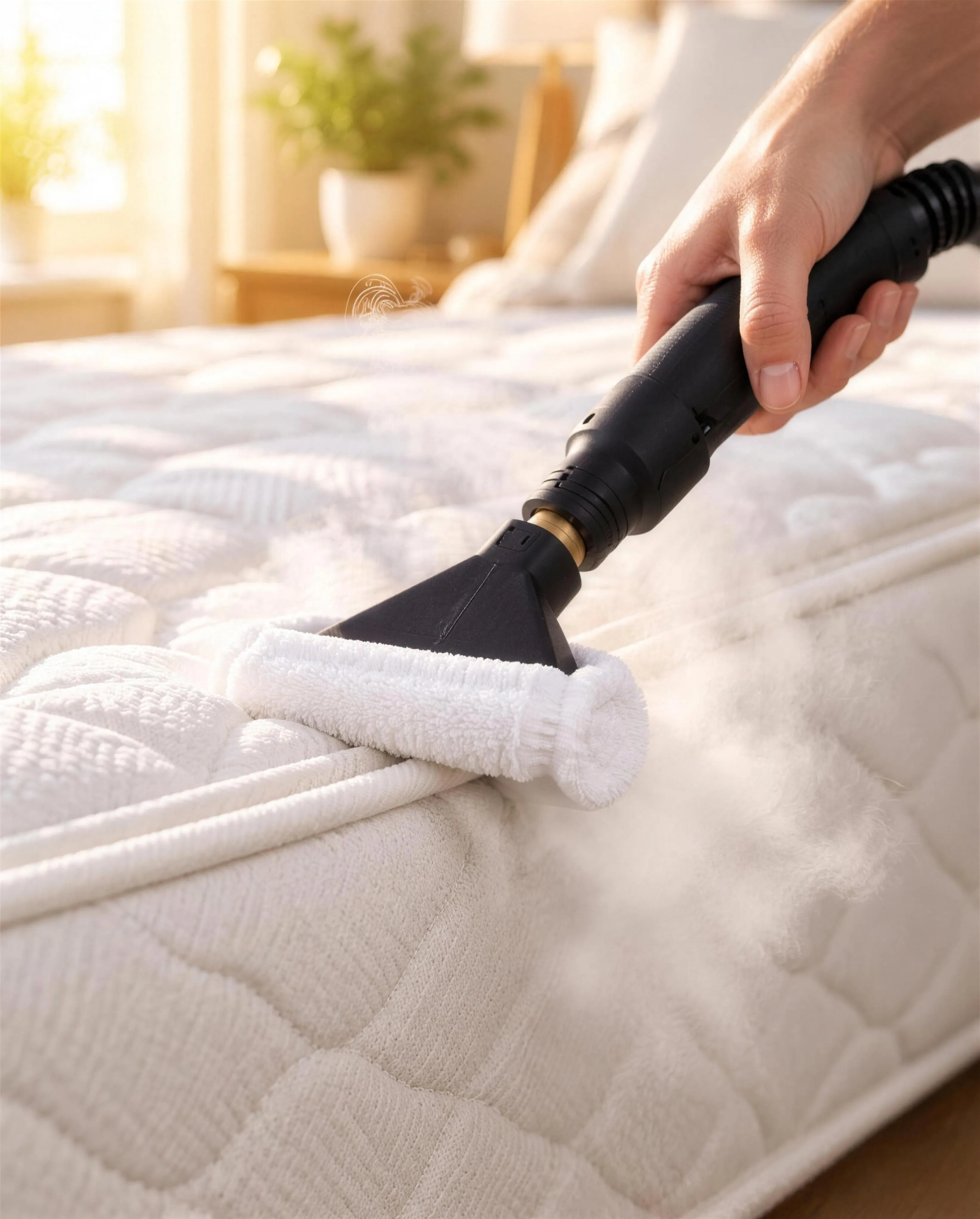 La tête textile et sa bonnette passées sur la couture d’un matelas